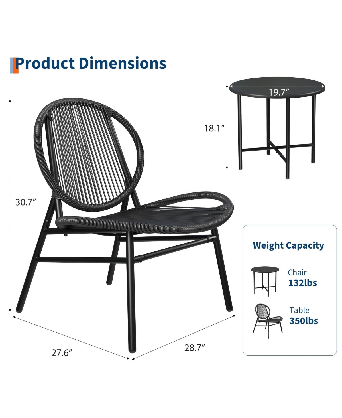 gaomon 3-Piece Outdoor Seating Acapulco Chair All Weather Small Patio Bistro Set of 2 Chairs and Side Table Modern Outdoor Furniture