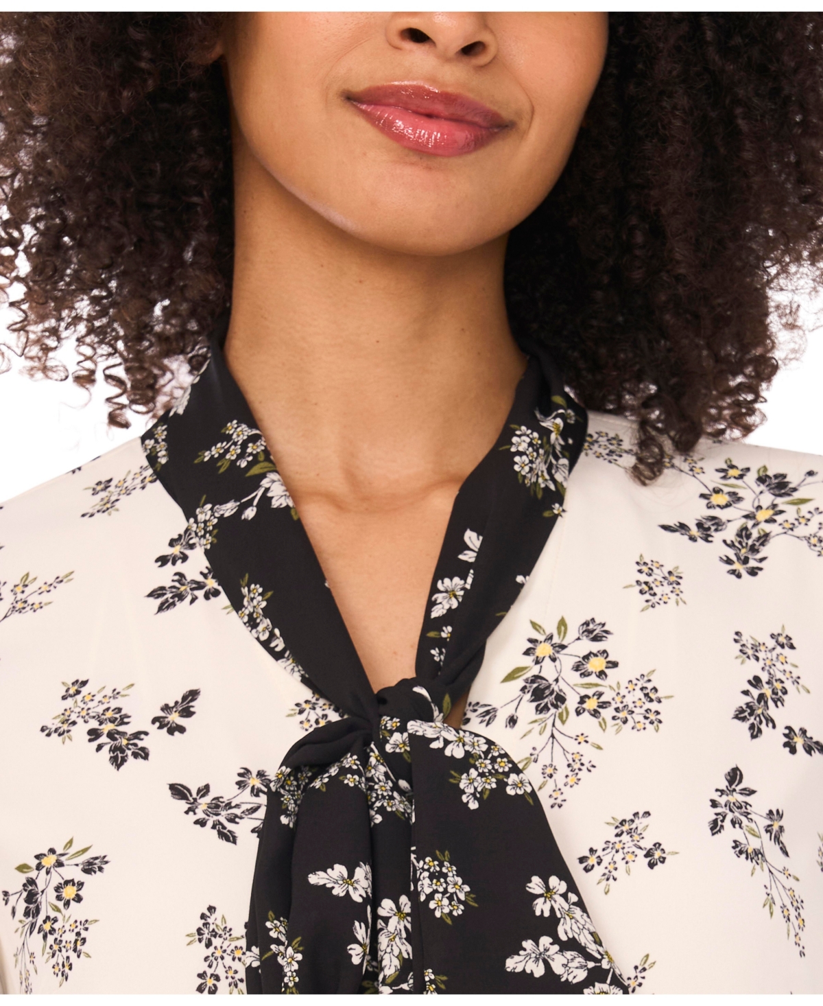 CeCe Women's Floral Bow-Tie V-Neck Button-Up Long Cuff-Sleeve Blouse