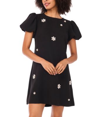 Women’s Embellished Crewneck Short Puff-Sleeve Flare Dress