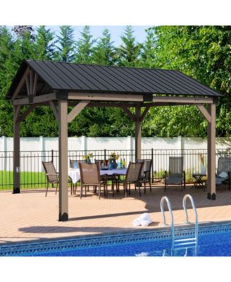 10 x 12 ft Wooden Frame Gazebo with Galvanized Metal Hardtop Roof, Outdoor Patio Gazebo with Charging Socket for Patio