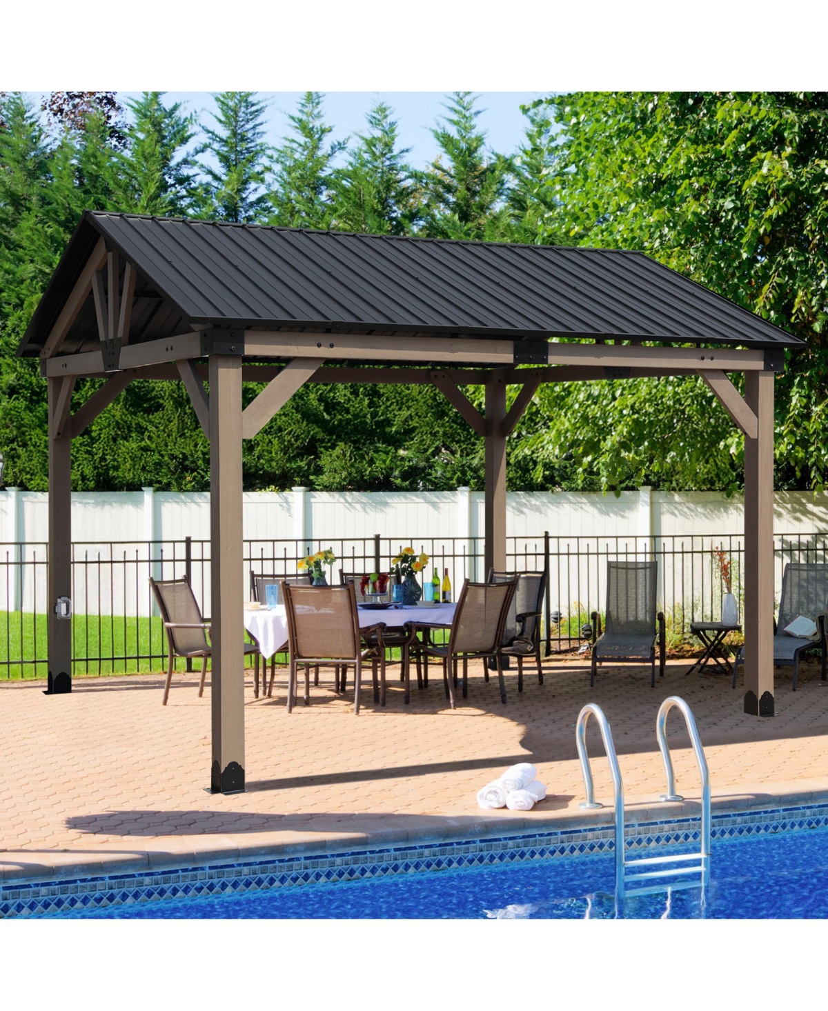 Aoodor 10 x 12 ft Wooden Frame Gazebo with Galvanized Metal Hardtop Roof, Outdoor Patio Gazebo with Charging Socket for Patio