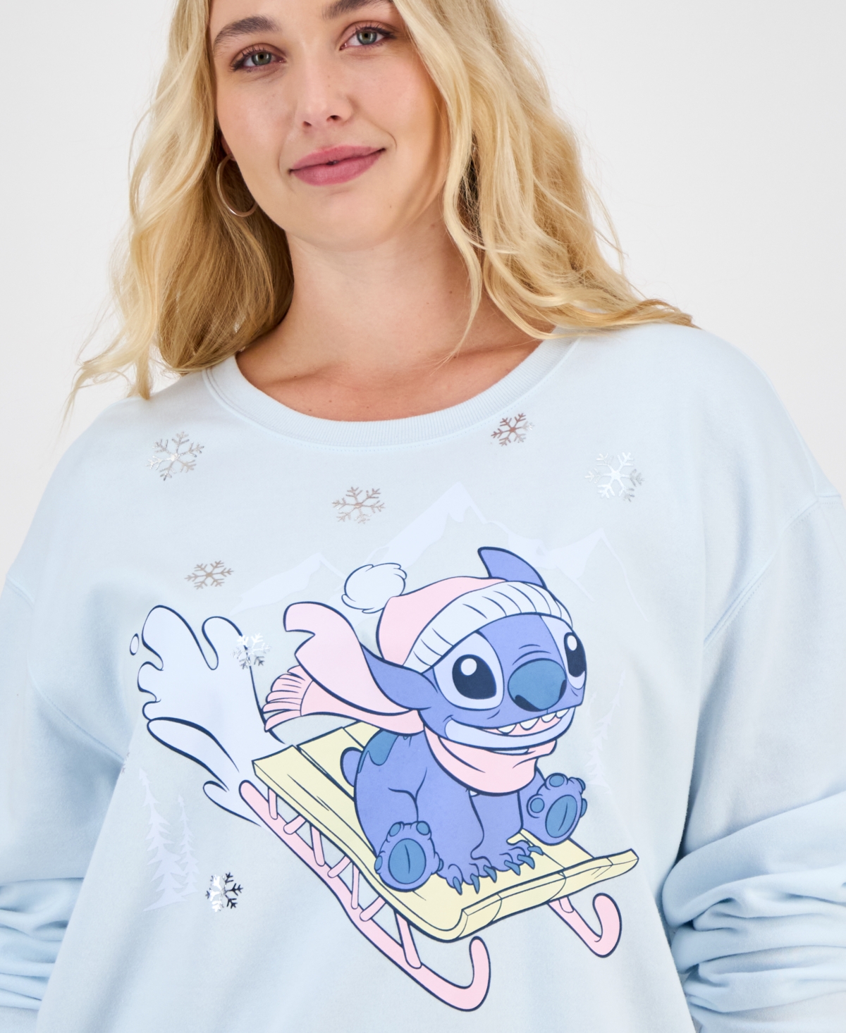 Disney Trendy Plus Size Stitch Sledding Graphic Sweatshirt In Blue