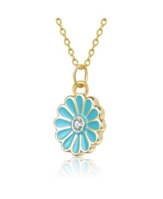 Sterling Silver 14k Gold Plated Colored Enamel and Cubic Zirconia Flower Pendant Necklace