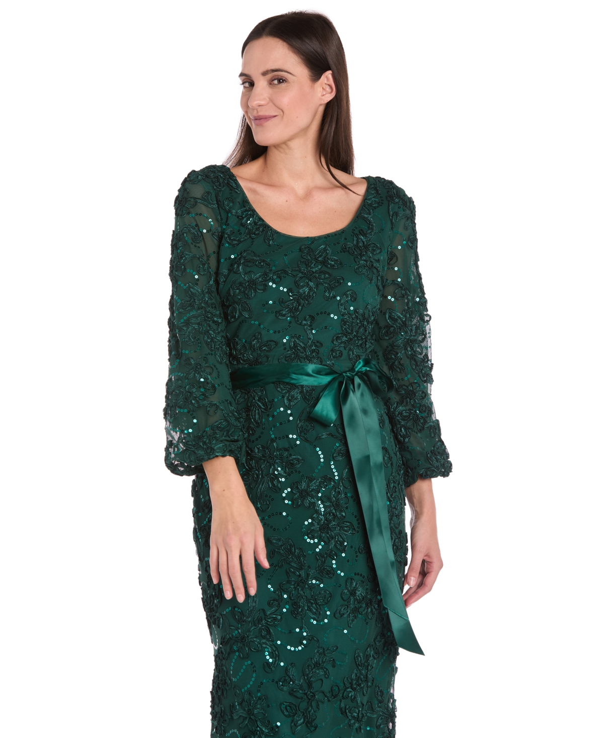 R & M Richards Petite Long Scoop Neck Lace Dress In Green