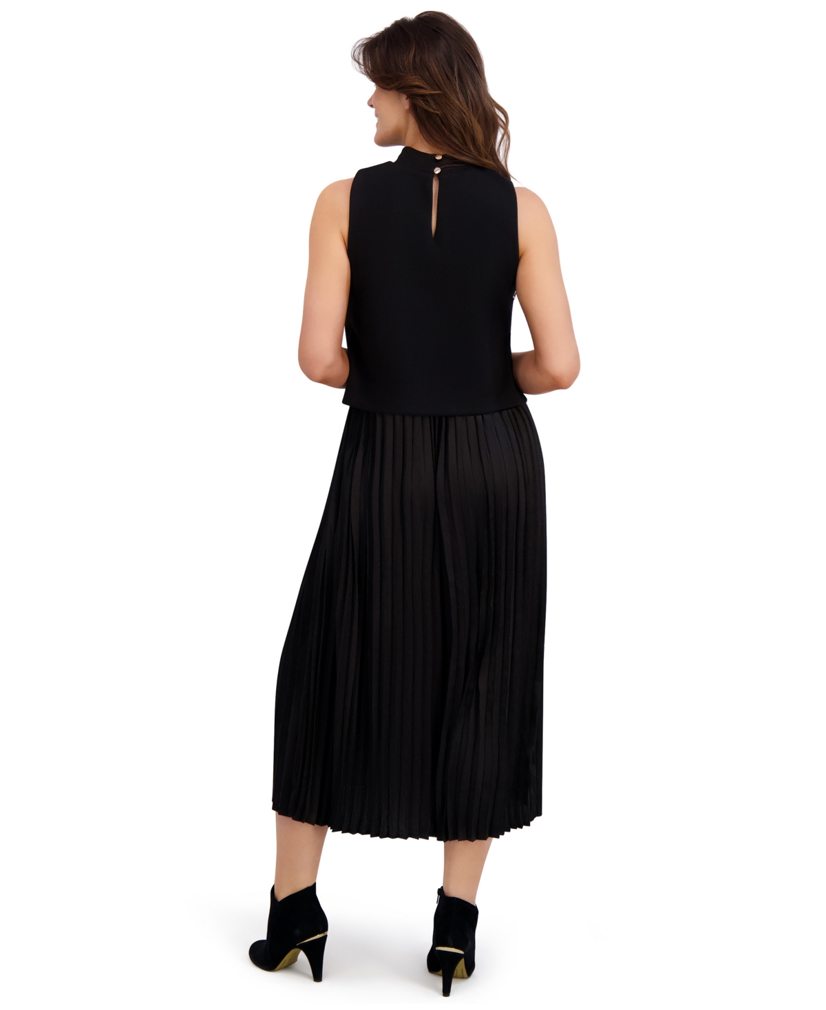 London Times Button Pleated Skirt A-line Dress In Black
