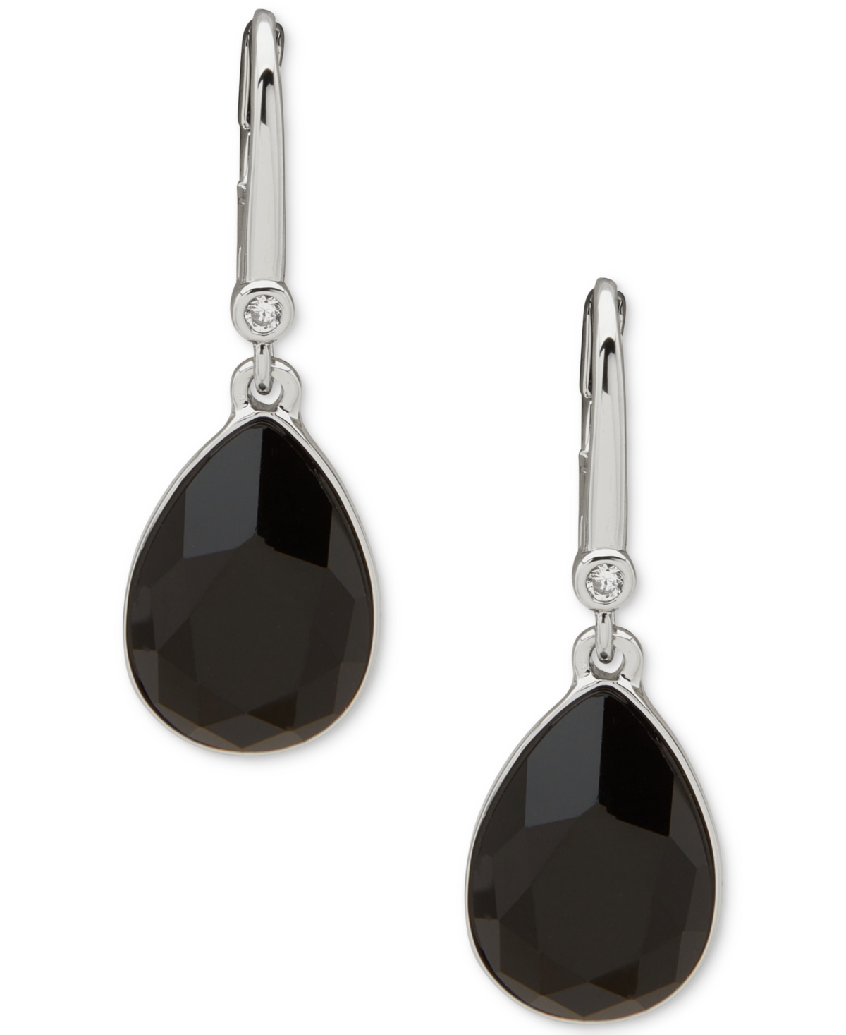 Dkny Silver-tone Polished Jet Stone Teardrop Earrings In Black