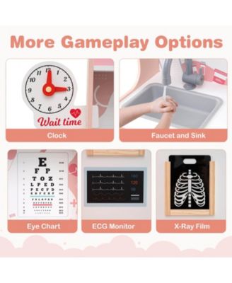 Wooden Doctor Play Set with Clock Sink Eye Chart ECG Monitor Exam Area Storage