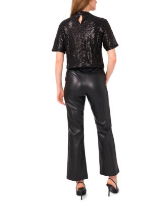 Women's Sequin Mock Neck Short-Sleeve Top