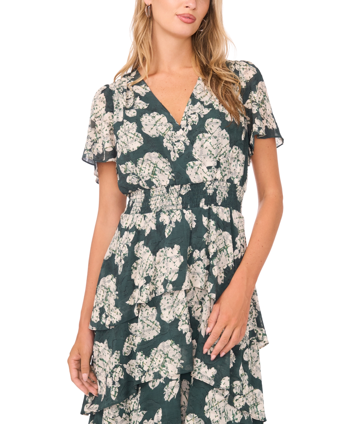 Vince Camuto Smocked Tiered Dress In Green