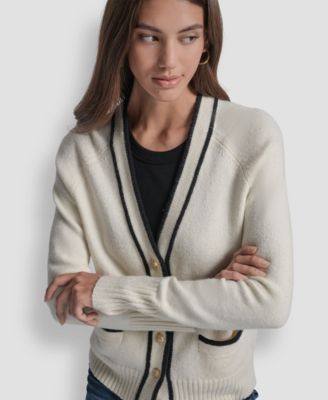 Women's Long Sleeve Tipped V-Neck Cardigan Sweater