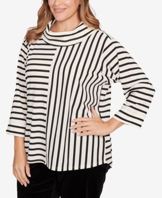 Plus Size Striped 3/4 Sleeve Cowl Neck Top