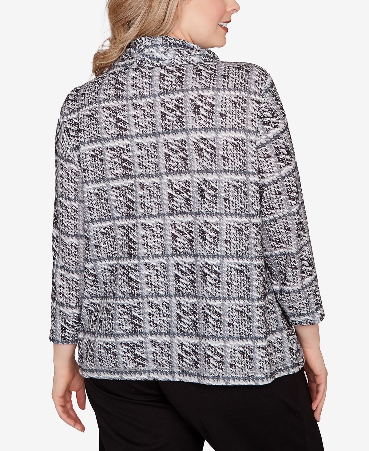 Hearts Of Palm Plus Size Printed 3/4 Sleeve Cowl Neck Blouson Top In Gray