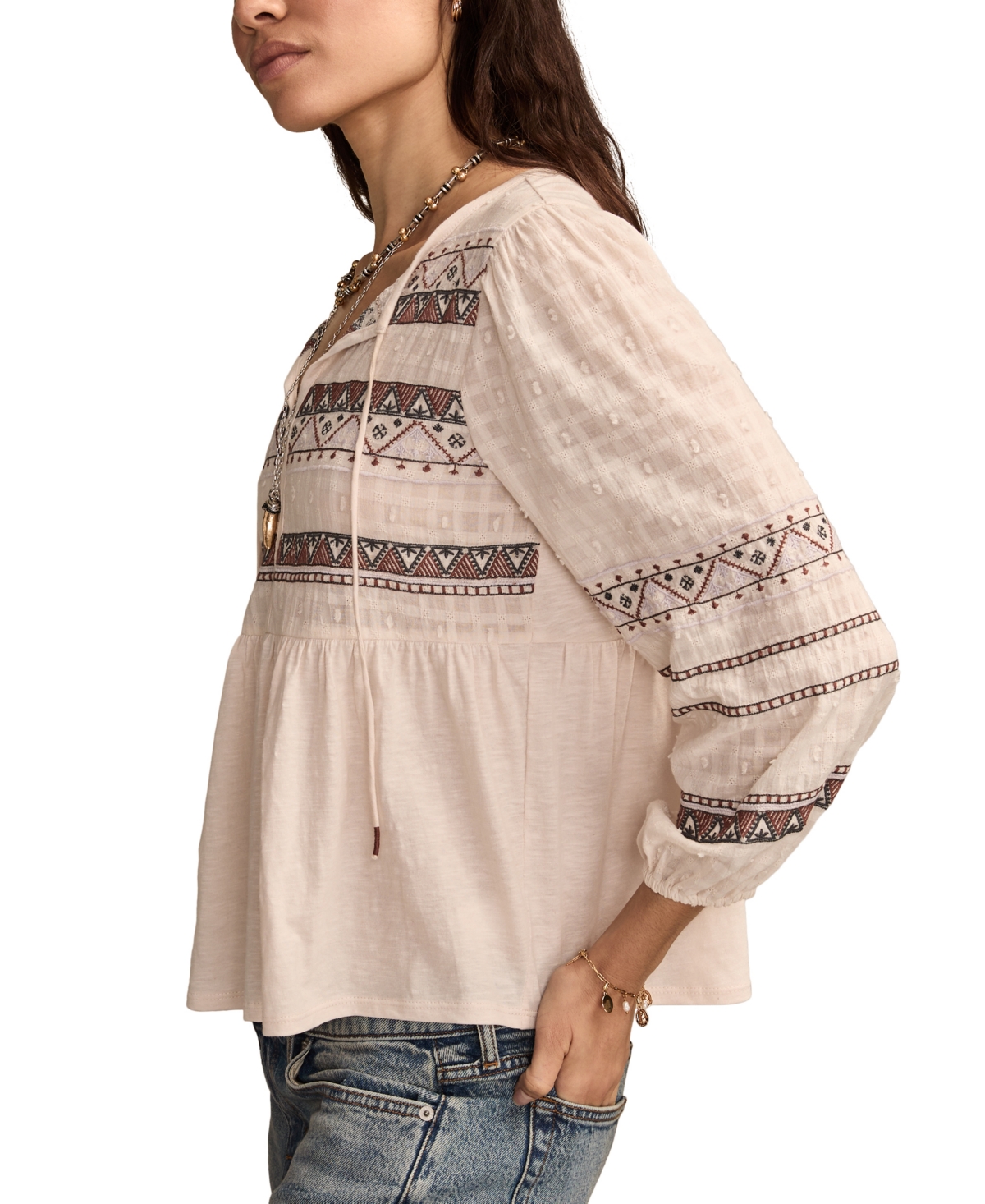 Lucky Brand Women's Mixed Trim Peasant Top