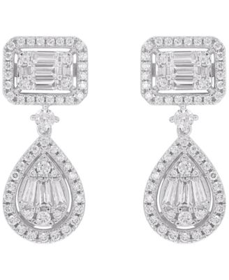 Diamond Round & Baguette Drop Earrings (1-1/2 ct. t.w.) in 14K White Gold
