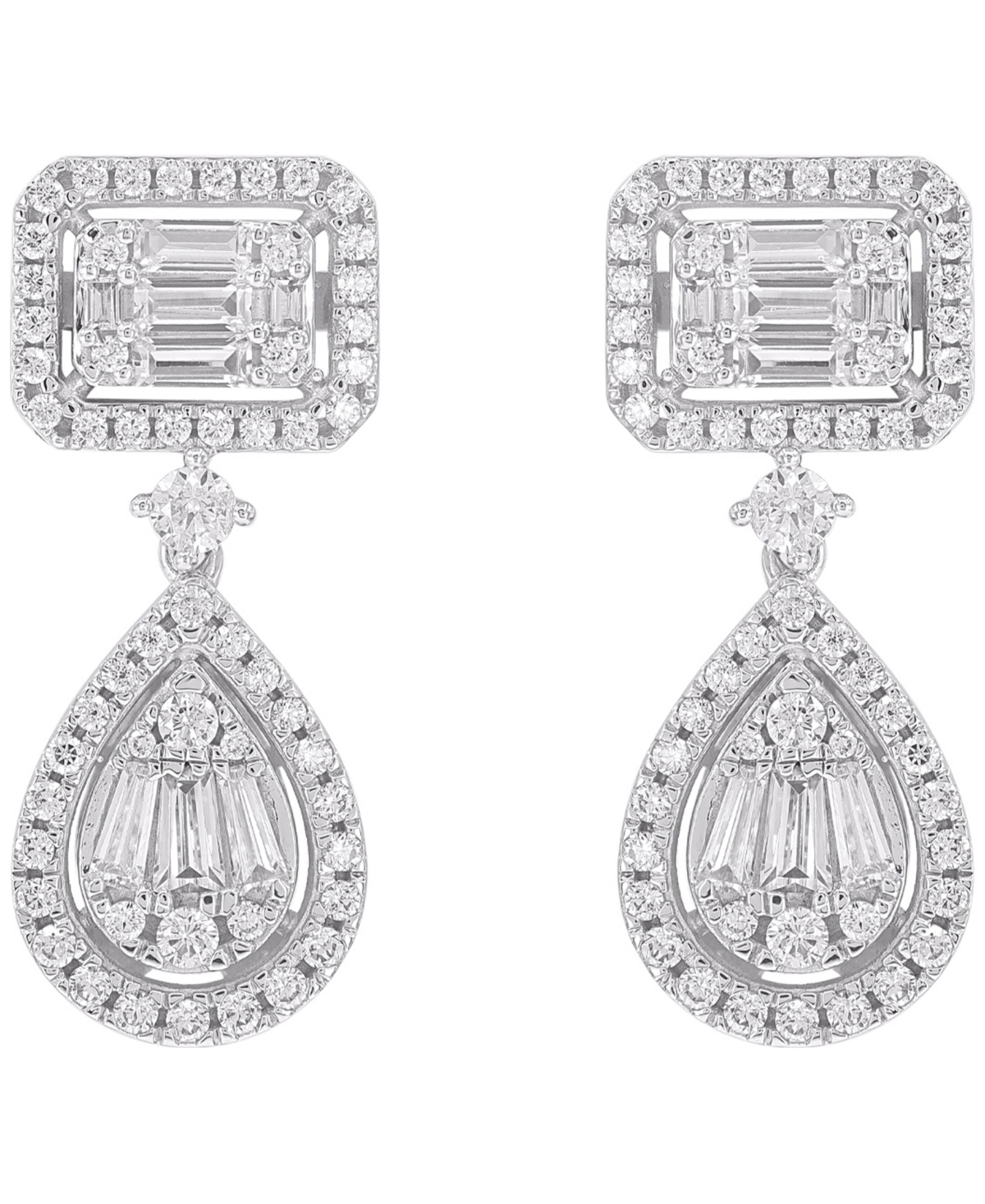Macy's Round (0.88 Ct. T.w.) And Baguette (0.62 Ct. T.w.) Diamond Drop Earrings In 14k White Gold In Metallic