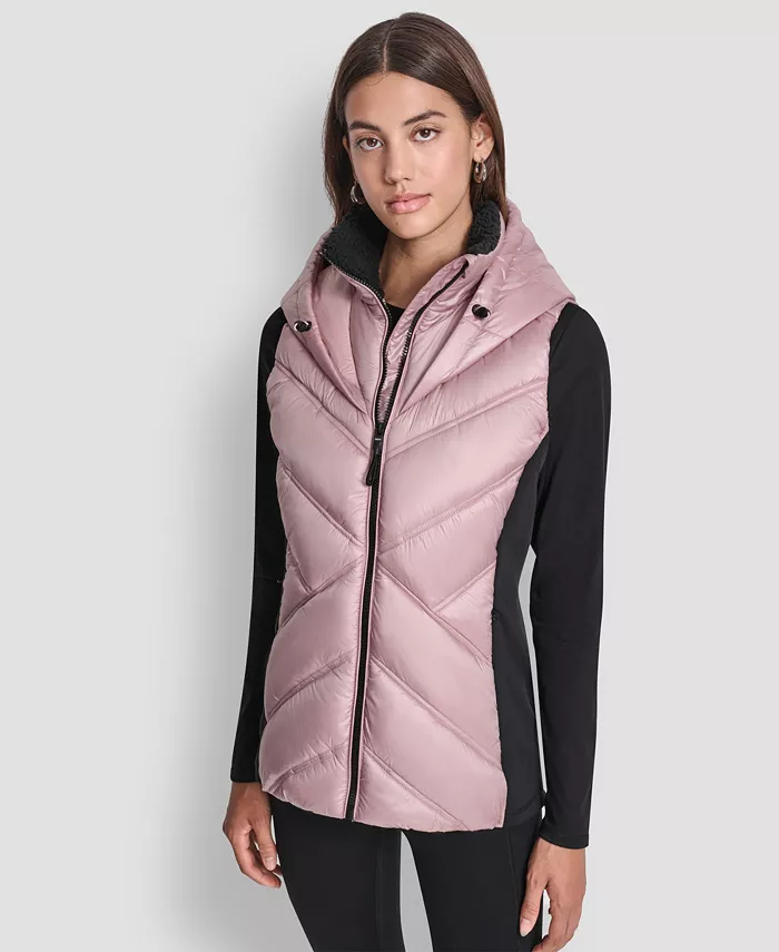 Women's Contrast Collar Hooded Puffer Vest - thumbnail 2