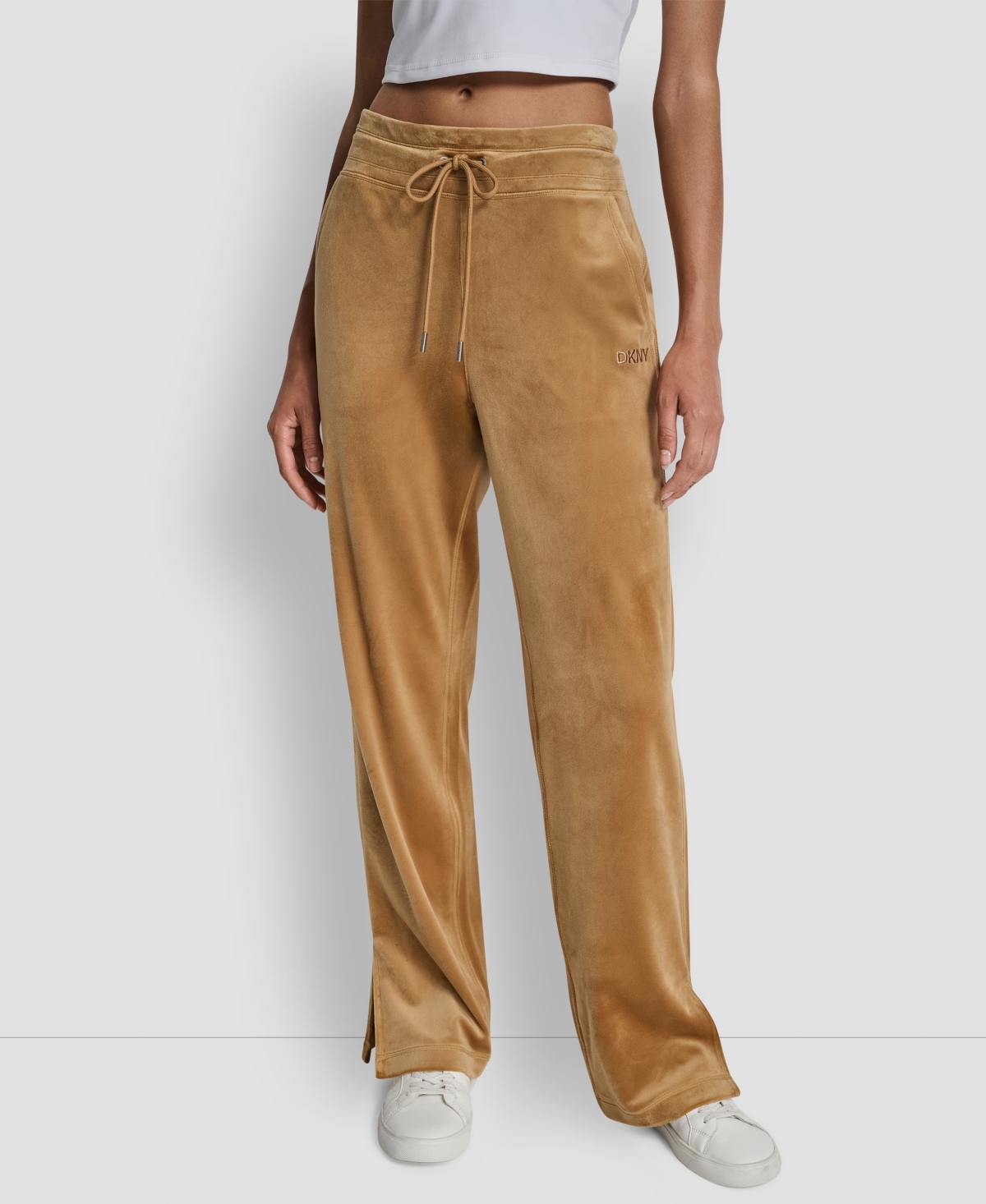 Dkny Women's Hd Embroidery Logo Slit Track Pants In Brown