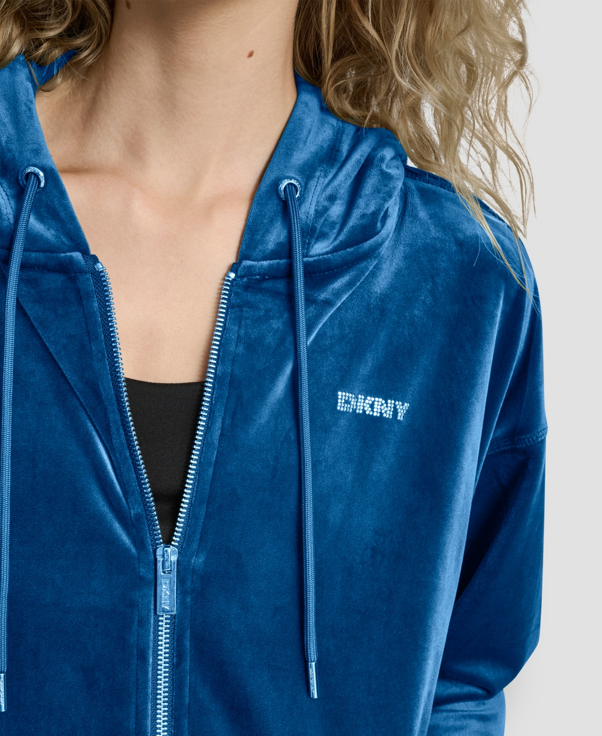 Dkny Women's Platinum Velour Rhinestone Logo Full-zip Hoodie In Blue