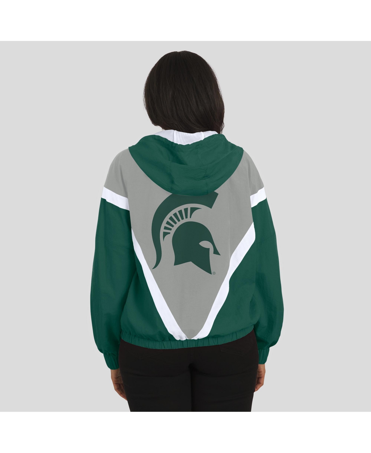 Wear By Erin Andrews Women'sgreen/gray Michigan State Spartans Color Block Full-zip Hoodie Windbreaker Jacket In Green