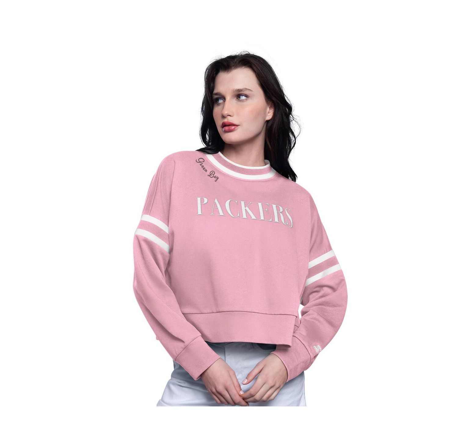 Women's Pink Green Bay Packers Power Play Cropped Pullover Sweatshirt