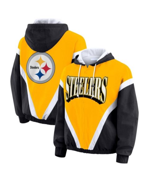 Женские куртки WEAR by Erin Andrews Women's Gold/Black Pittsburgh Steelers Plus Size Retro Crinkle Full-Zip Windbreaker Jacket
