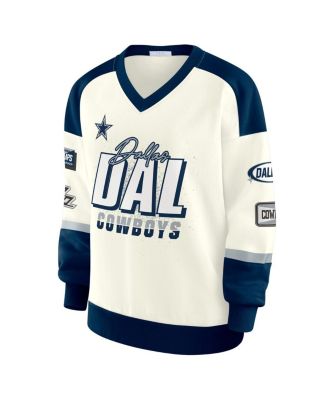 Women's Cream Dallas Cowboys Racing Crew V-Neck Sweatshirt