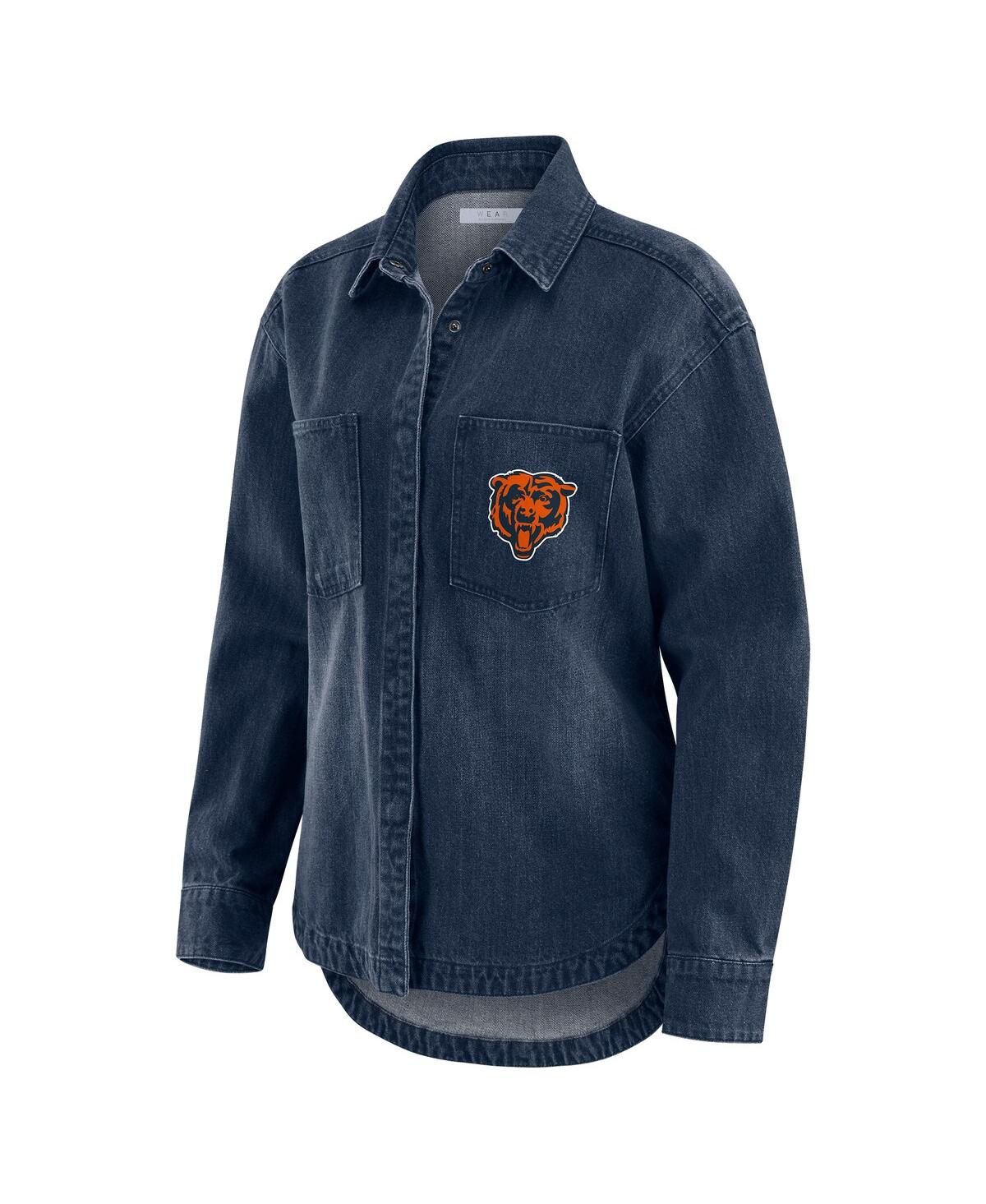Wear By Erin Andrews Women's Denim Chicago Bears Washed Oversized Denim Full-snap Shacket In Blue