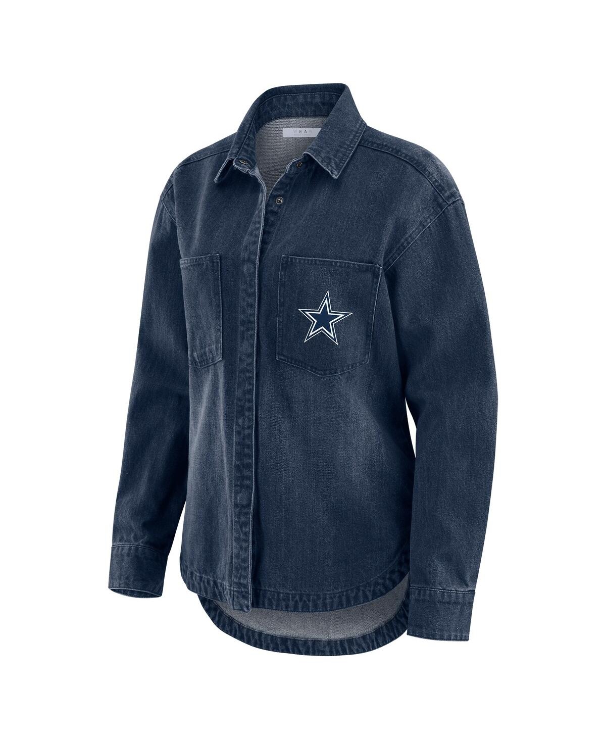 Wear By Erin Andrews Women's Denim Dallas Cowboys Washed Oversized Denim Full-snap Shacket In Blue