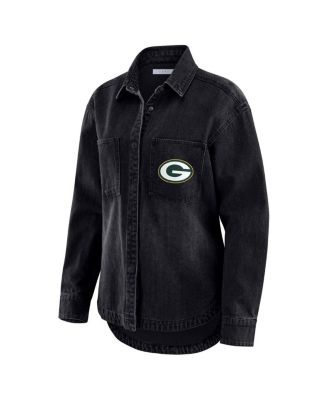 Women's Black Green Bay Packers Washed Oversized Denim Full-Snap Shacket