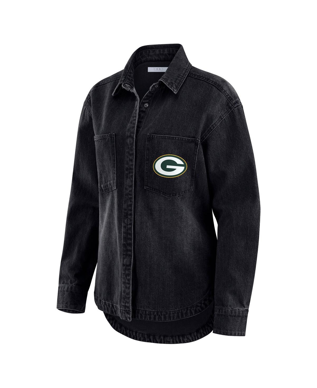 Wear By Erin Andrews Women's Black Green Bay Packers Washed Oversized Denim Full-snap Shacket In Black