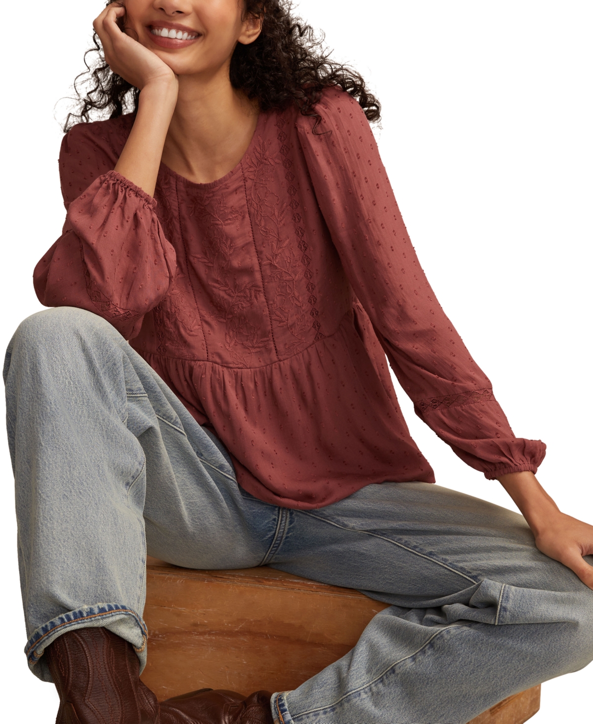 Lucky Brand Women's Novelty Long Sleeve Peplum Top