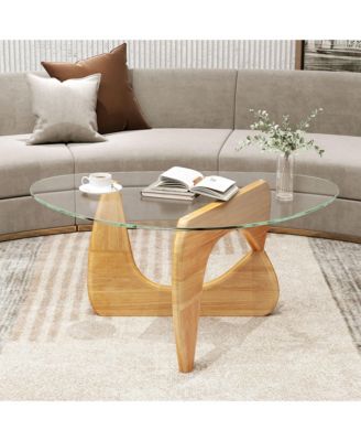 Triangle Coffee Table with Tempered Glass Top & Adjustable Rubber Wood Base