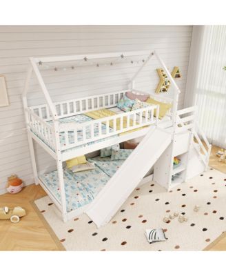 Twin Over Twin Bunk Bed w/Slide & Staircase Storage Compartments for Kids Teens