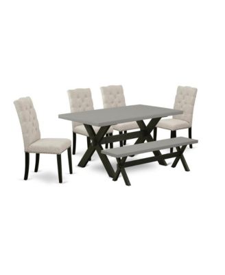 6-Pc Wood Dining Set – Rectangular Table, Bench & Button-Tufted Doeskin Linen Chairs for Elegant Kitchen or Dining Room