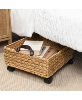 Adaline 18.11" Classic Farmhouse Hand-Woven Hyacinth Rectangular Underbed Storage Bin with Wheels and Handles