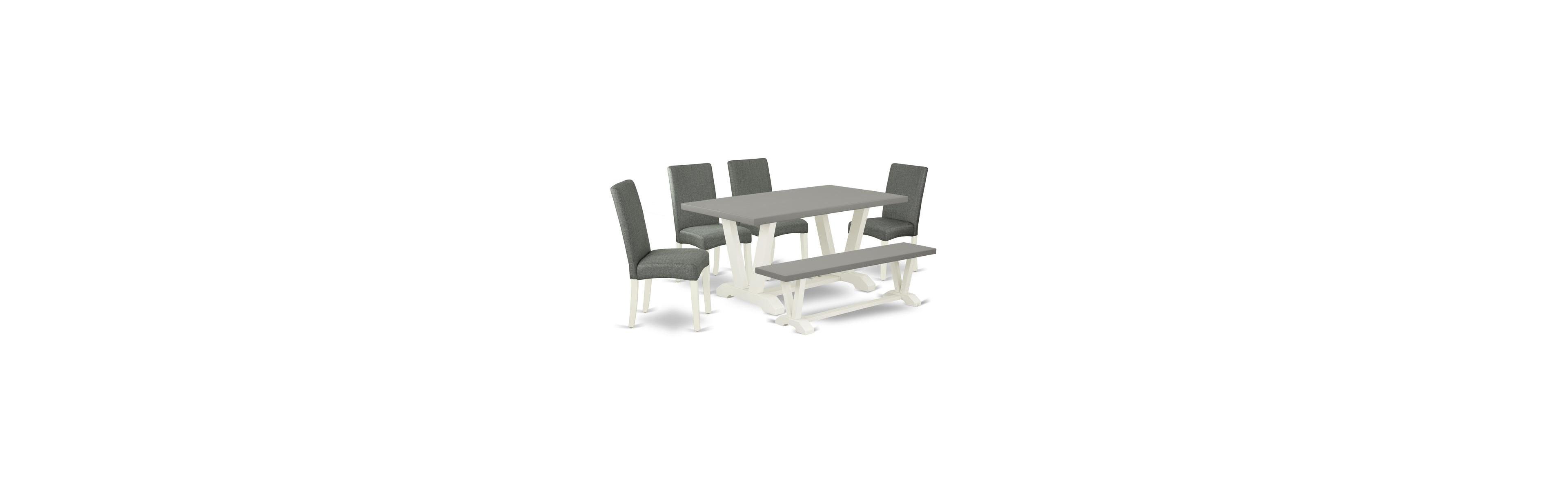 East West Furniture 6-Pc Dinette Set: 4 Parson Chairs, Mid-Century Bench & Cement Top Table with High-Back Modern Design
