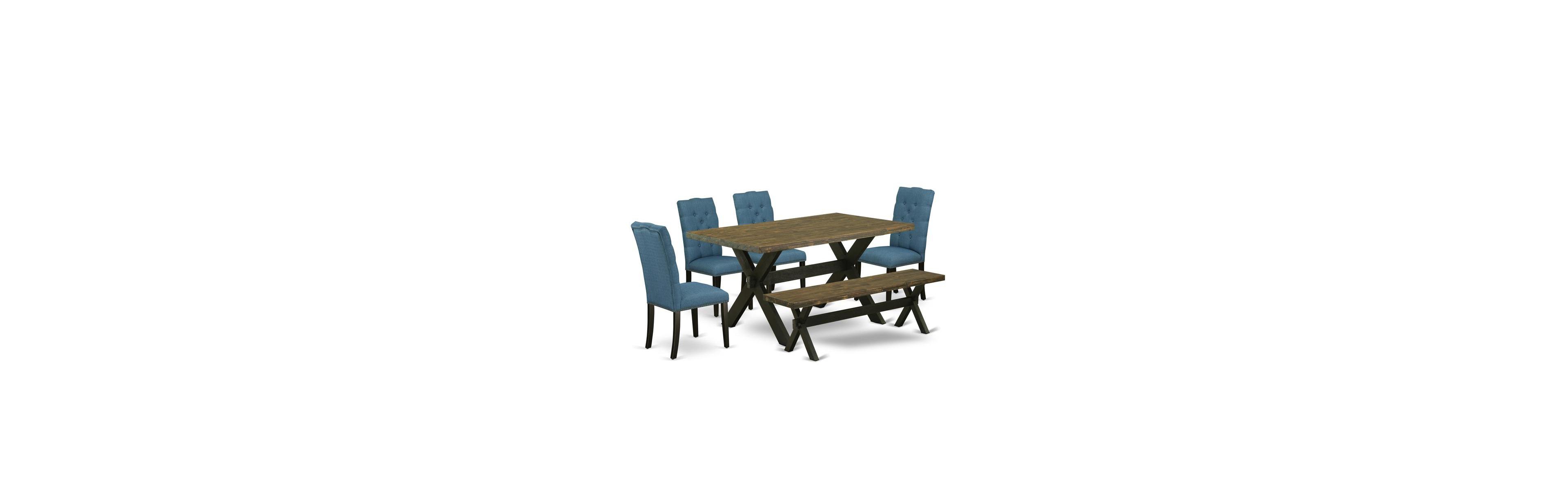 East West Furniture 6-Piece Awesome Dining Room Set an Excellent Distressed Jacobean Dining Tabletop and Distressed Jacobean Bench and 4 Dining chairs