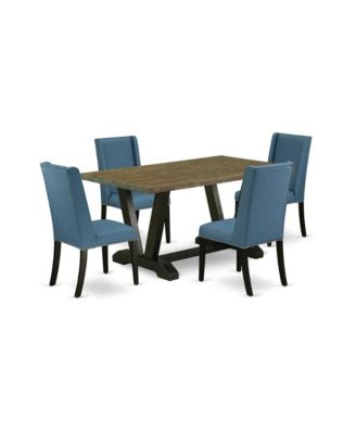 5-Piece Wood & Linen Dining Set – Distressed Jacobean Tabletop, Nailhead Trim Chairs, Rectangular Table
