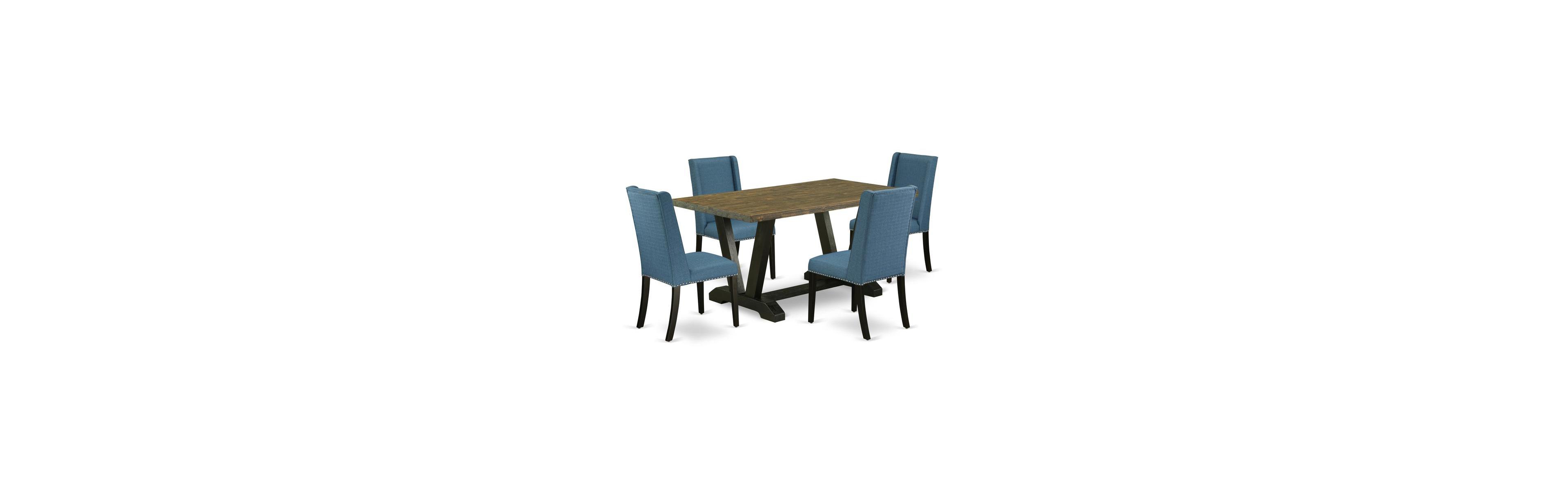East West Furniture 5-Piece Amazing Dining Set a Great Distressed Jacobean Dining Table Top and 4 Gorgeous Linen Fabric Dining Chairs with Nail Heads