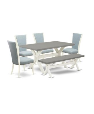6-Piece Dining Set with Baby Blue Parsons Chairs, Cement Table & Small Bench