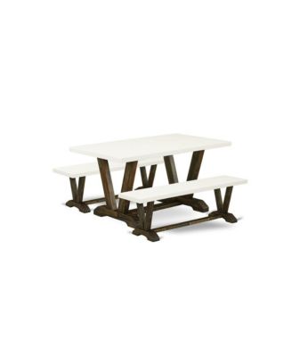 3 Piece Wood 1 Linen White Dining Table and 2 Wood Benches Dining Room Table Set