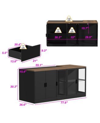Kitchen Island with 3 drawers, glass shelves, light strip, dining table, coffee station and microwave rack for dining room