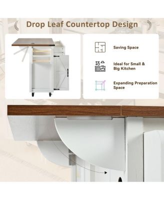 47.2" Farmhouse Rolling Kitchen Island Cart with Drop Leaf, Power Outlet, Spice Rack, Drawers & Storage Cabinet