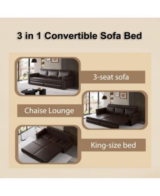 93.7" Faux Leather King Pull Out Sofa Bed, 3-in-1 Convertible Sleeper Couch with Rolled Arms & Nailhead Trim for Living Room