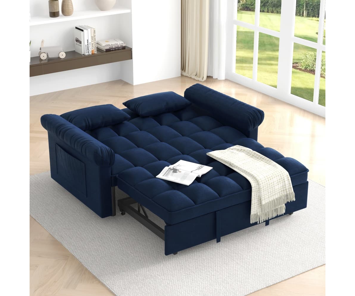 Maison Boucle Pull-Out Sleeper Loveseat Sofa, Compact Convertible Couch Bed with Adjustable Backrest & Side Pocket for Small Spaces-Maison