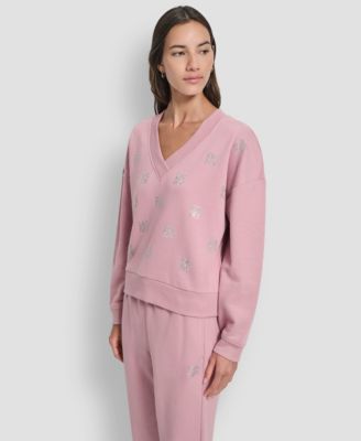 Women's Allover Stack Rhinestone V-Neck Sweatshirt