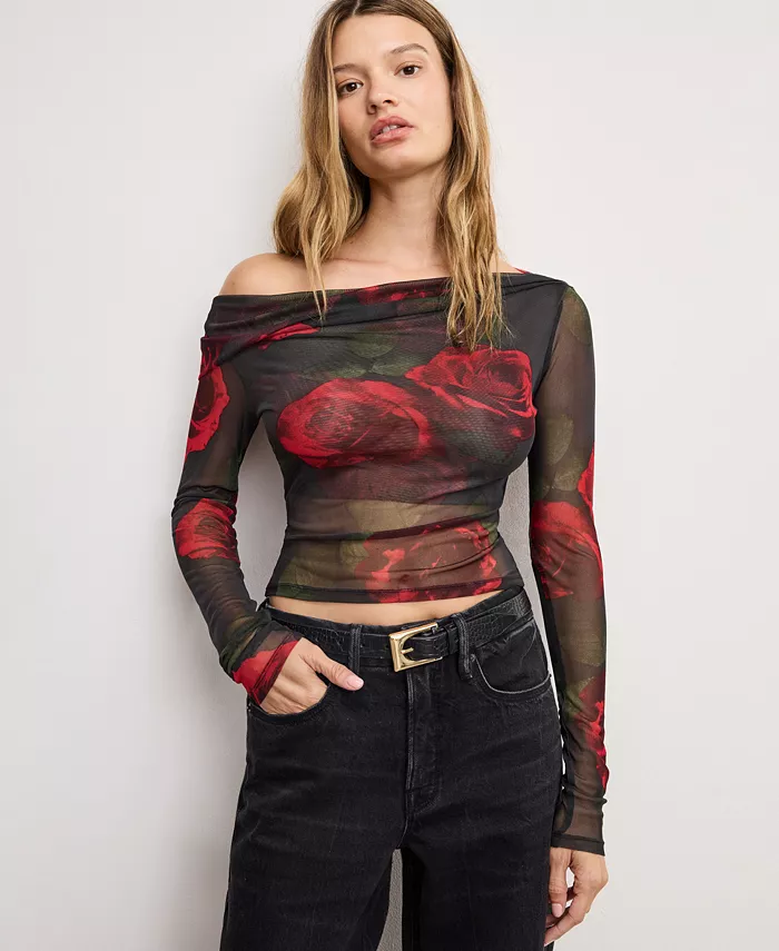 Women's Mesh Ruched Asymmetric Top, Regular and Plus Size