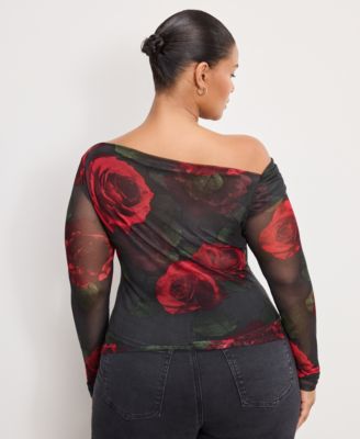 Women's Mesh Ruched Asymmetric Top, Regular and Plus Size