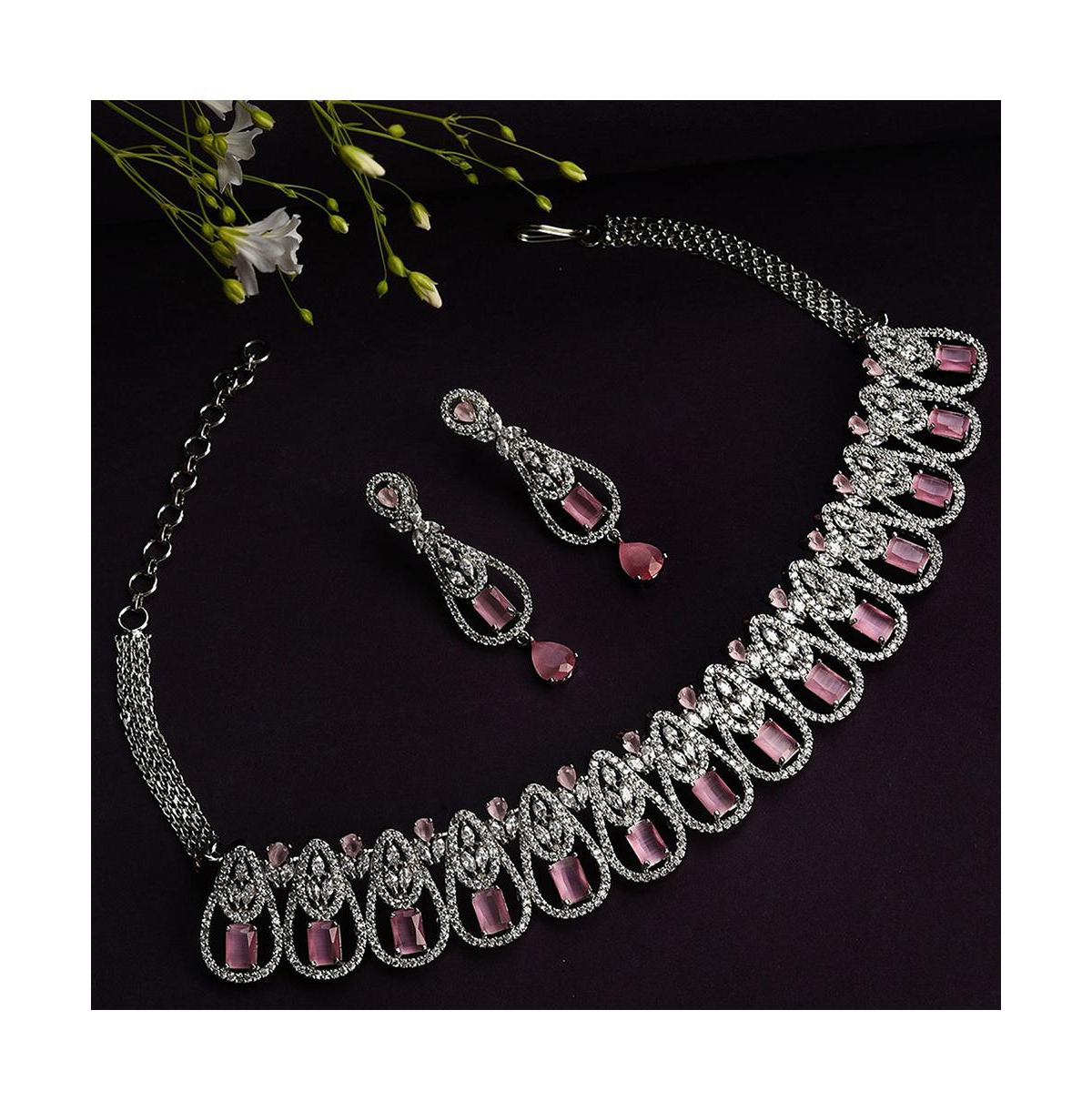 Sohi Pink Color Silver Plated Designer Stone Necklace Set For Women's In Pink