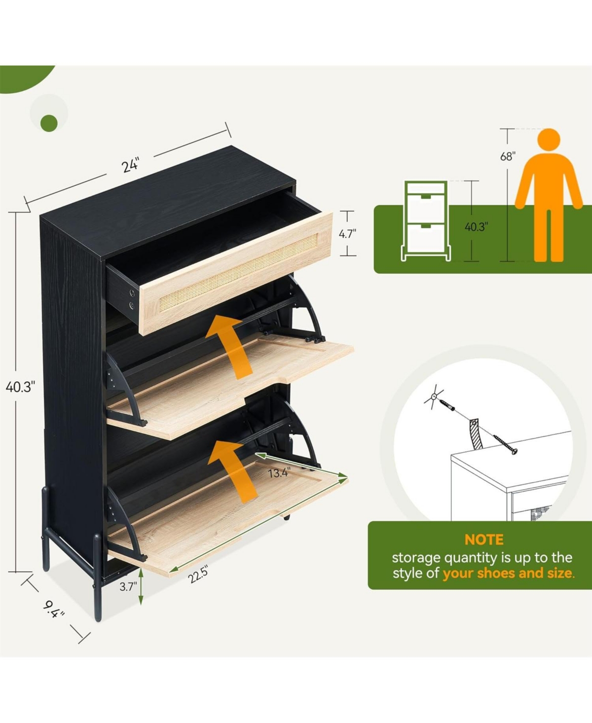 gaomon Natural Rattan Storage Cabinet with 2 Flip Drawers, Wooden Entry Way Cabinet with Storage with Adjustable Shelf and Metal Legs,Black